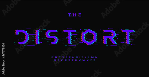 Glitch effect alphabet, digital distorted letters, display error font for futuristic logo, cinematic style headline, loss connect graphic effect typography. Vector typographic design