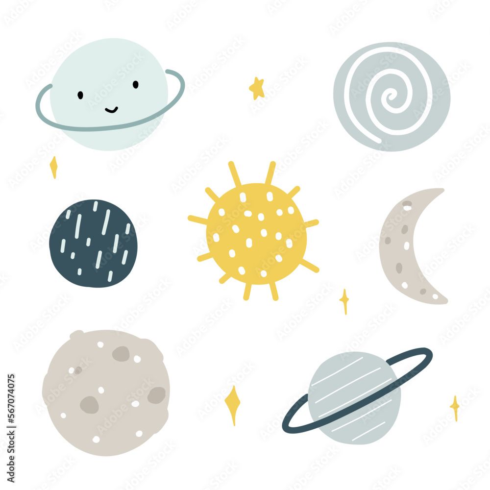 Space set with sun, moon, planets, crescent, child vector illustration for sticker, print, poster, postcard Space set with sun, moon, planets, crescent, child vector illustration for sticker, print, poster, postcard