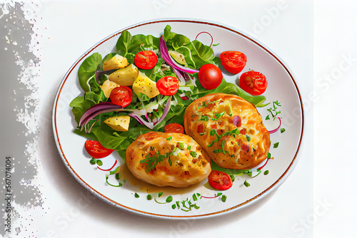 Young baked potatoes with salad