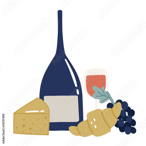 French vector illustration with wine bottle, glass, cheese, croissant, grapes on white background for sticker, print, poster, card