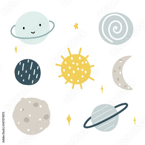 Space set with sun, moon, planets, crescent, child vector illustration for sticker, print, poster, postcard