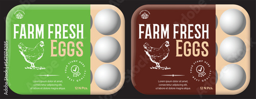 Egg label design Chicken Egg box packaging design. Minimal vector packaging design layout set. Farm Fresh Egg tray vector illustration. Egg logo design.