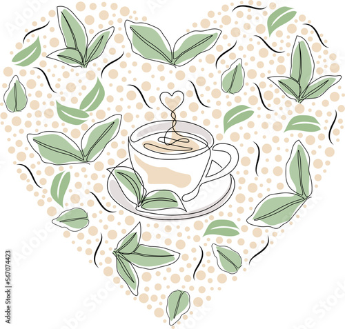 One continuous line drawing of hot cup of tea and leaves in heart shape. Tea card design. Vector illustration.