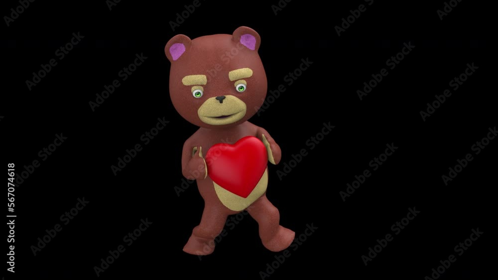 Teddy bear dance with red heart - 3d render looped with alpha channel. Teddy bear dance with red heart - 3d render looped with alpha channel.