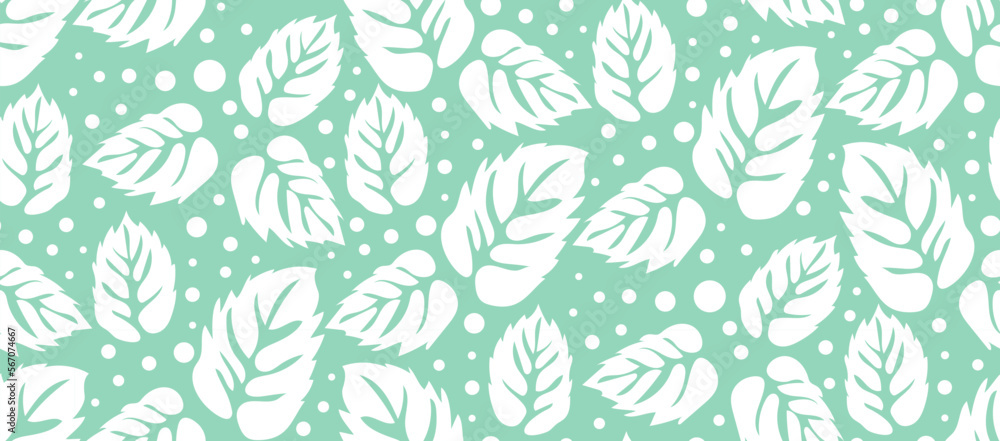 Vector seamless pattern of hand drawn mint leaves and dots. Illustration of botanical leaves background.