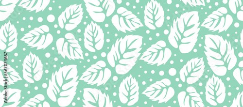 Vector seamless pattern of hand drawn mint leaves and dots. Illustration of botanical leaves background.
