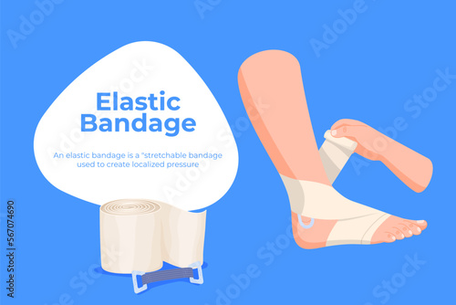 Elastic bandage. Help with leg injuries. Bandaging a human leg. Vector illustration