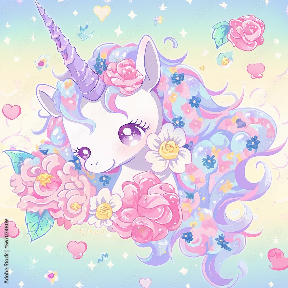 Digital drawing illustrations of a unicorn, cartoon and cute colored with floral elements generative ai Digital drawing illustrations of a unicorn, cartoon and cute colored with floral elements generative ai