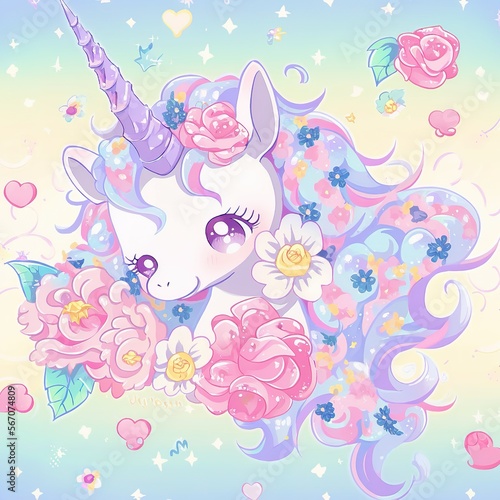 Digital drawing illustrations of a unicorn, cartoon and cute colored with floral elements generative ai