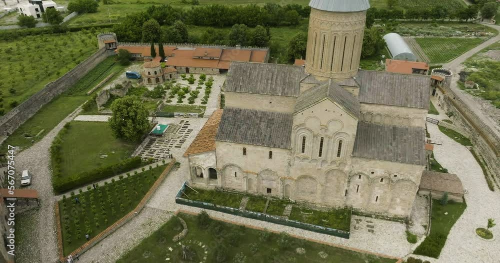 Aerial View of Alaverdi Monastery Reveals Mountain Horizon in East Georgia