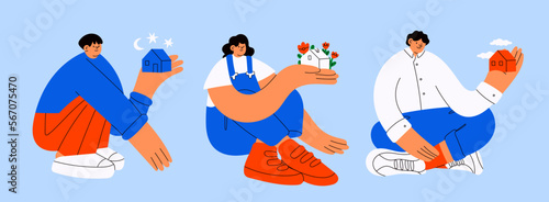 Young people sitting and holding tiny houses, small buildings. Cute cartoon character with small head. Hand drawn Vector illustration. Real estate, property, housing, design studio, sweet home concept