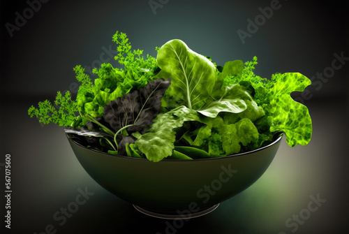 Fresh green salad leaves in a bowl on a dark green background. Created with Generative AI. © rosinka79
