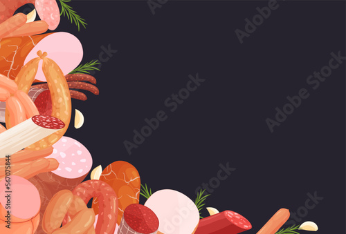 A set of different meat sausages on a black background. Boiled, smoked, baked, fresh, delicious sausages. Vector illustration