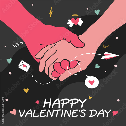 Happy Valentines Day, love, contour hands of lovers, cute stickers on a card
