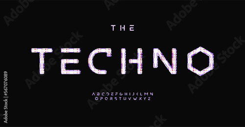 Glitch techno alphabet, digital distorted letters, display error font for futuristic logo, cinematic style headline, loss connect graphic effect typography. Vector typographic design.