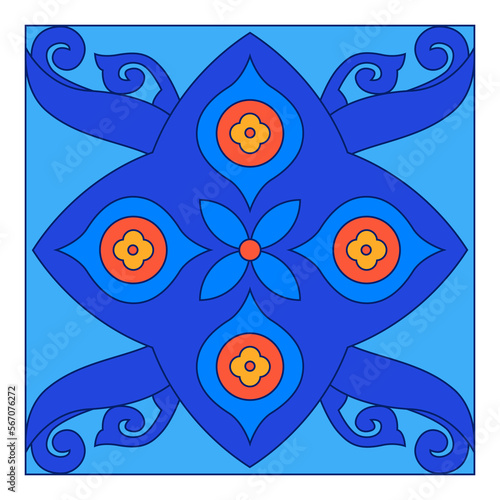 Georgian Traditional  Symbols and Ornaments In Blue  Decorative Art Print