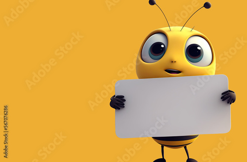 Cute Cartoon Bee Holding a Blank Sign with Room for Copy (Generative AI)