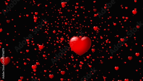 Red Heart shapes for valentines day isolated on black background. Heart of Valentines petals falling on transparent background.