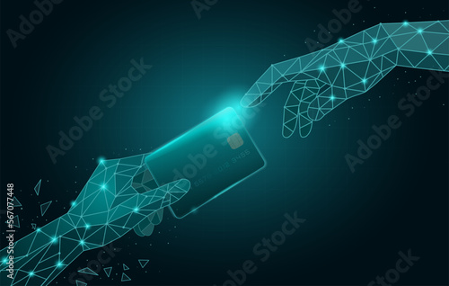 Hand reaching to give a credit card to other people. Low poly art style, Illustration about fast money technology in polygon art.