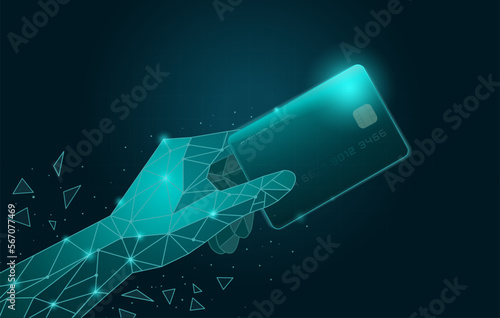 Hand raises fist with a credit card into the air. Low poly Illustration in concepts about revolution financial technology.