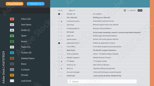 Email interface. Client mail list. Web design template. Online message communication