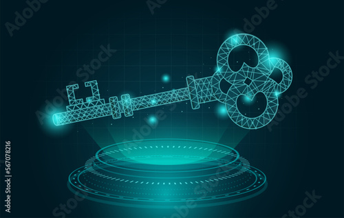 Holography creates a Key with a low poly theme. Technology Illustration about data, keywords, code, password, and key to success.