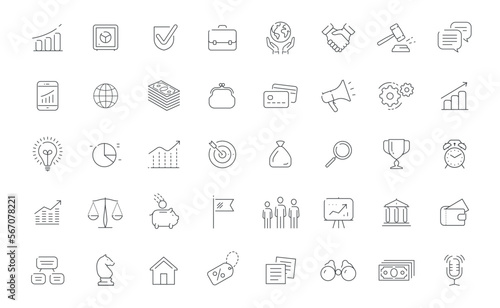 Business icons set, thin line. Commerce, finance concept vector. Collection of symbols for application or web site