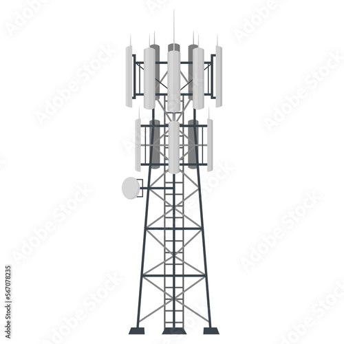 Flat vector illustration of fifth generation mast base stations on white background, 5G mobile data towers, telecommunication antennas and signal, cellular equipment.