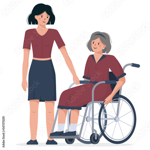 Flat vector illustration of a female in a wheelchair. Daughter and her mother, international day of disabled persons 