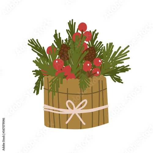 Christmas bouquet of fir branches, cones and red berries, New Year vector illustration