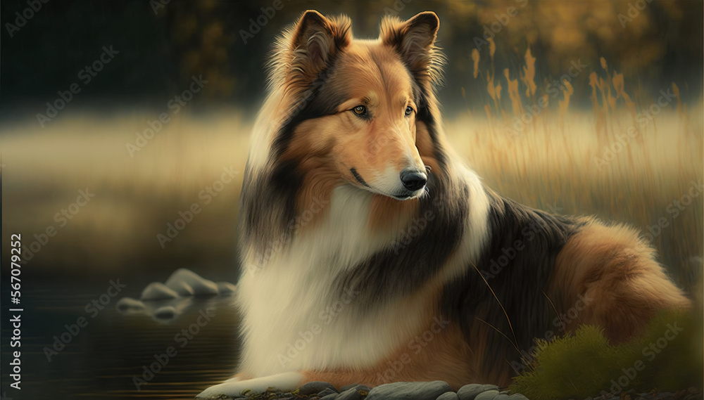 Beautiful collie pet dog with a stunning show coat of hair, laying in an open countryside field near water in golden light. Image created with generative ai