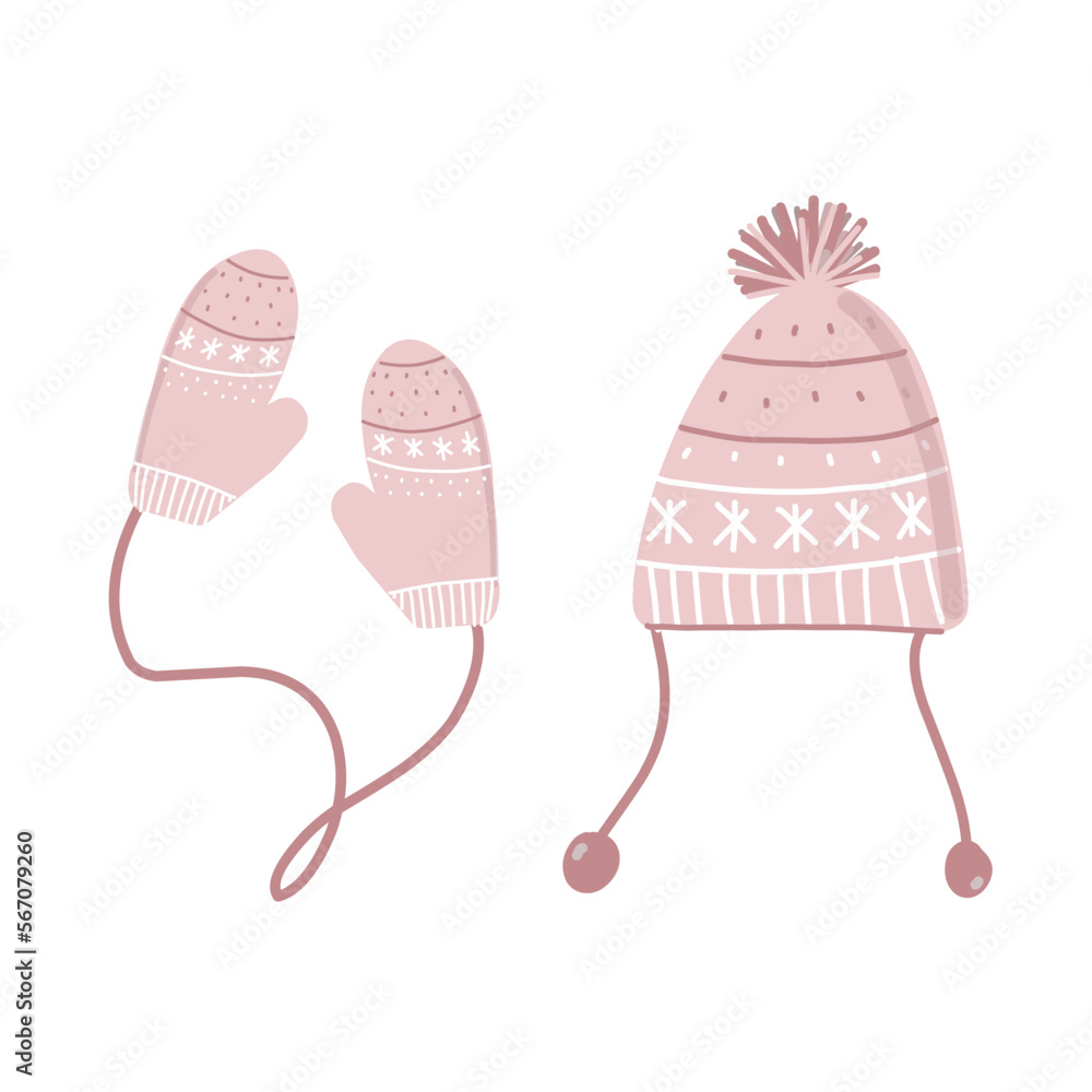 Winter vector illustration pink knitted mittens and hats in scandinavian style for card, sticker, postcard and print