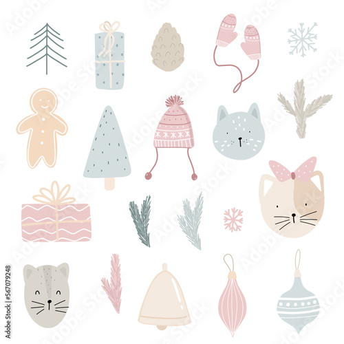 Christmas set of Christmas tree decorations, snowflakes, fir branches, kittens, gifts, pine cone, gingerbread man, hat, mittens