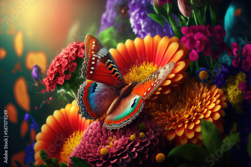 Summer Butterfly Garden Orange created with Generative AI Technology, ai, generative