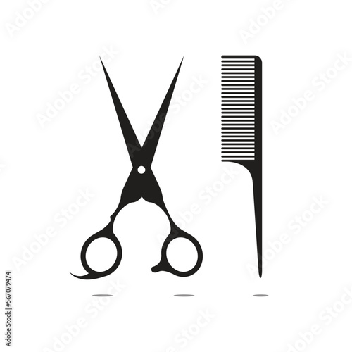 Scissors and comb. Signature scissors and comb isolated on a white background. Barbershop symbol. Vector illustration