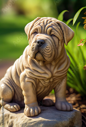 Chinese Shar Pei puppy, playing in the garden, Generative AI
