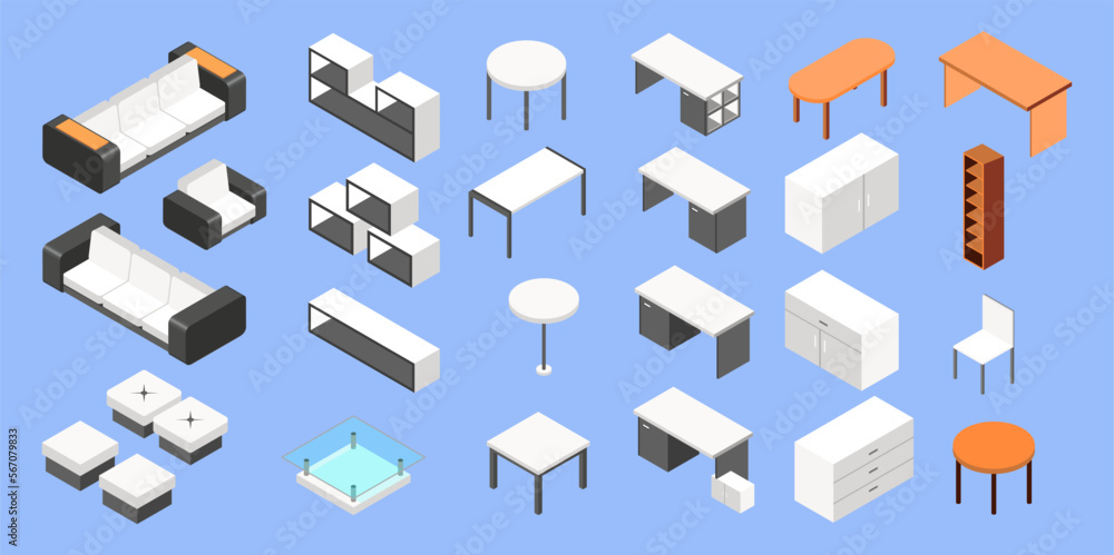 Furniture set. Isometric set of living room objects. Sofas, chairs, armchairs, tables and stools. Interior room elements