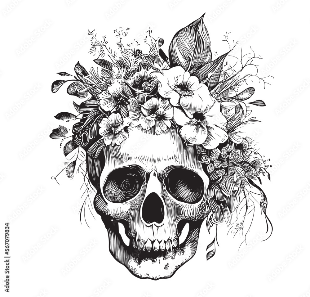 Human skull with flowers instead of hair hand drawn sketch Vector ...