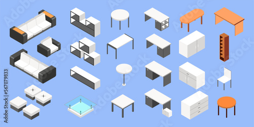 Furniture set. Isometric set of living room objects. Sofas, chairs, armchairs, tables and stools. Interior room elements