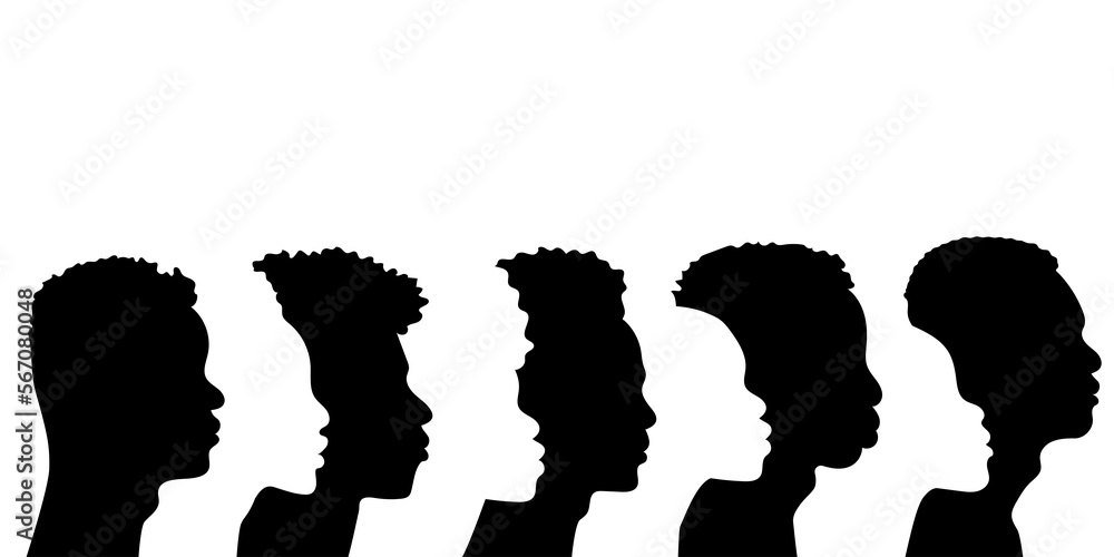 Silhouette of a group of African Americans in profile. Group of people. Vector illustration