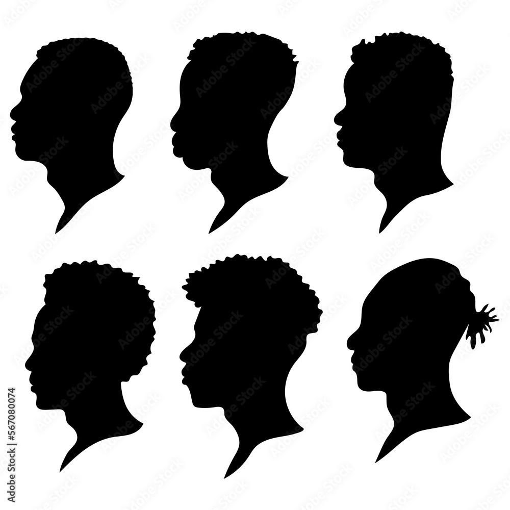 Silhouettes of African Americans. A set of men's profile silhouettes. Hair contour. Vector illustration