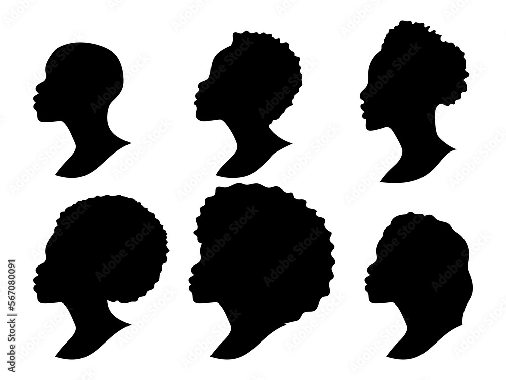 Silhouettes of African Americans. A set of womens profile silhouettes. Hair contour. Vector illustration