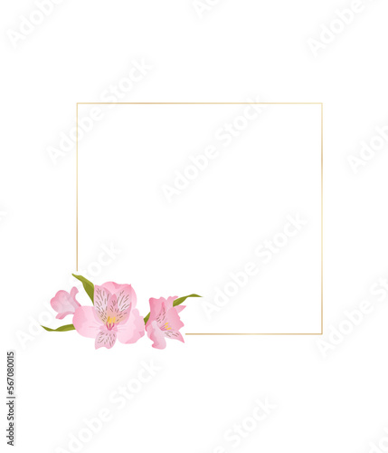 flower frame alstroemeria. Template wedding invitation card. Gold metallic frame.