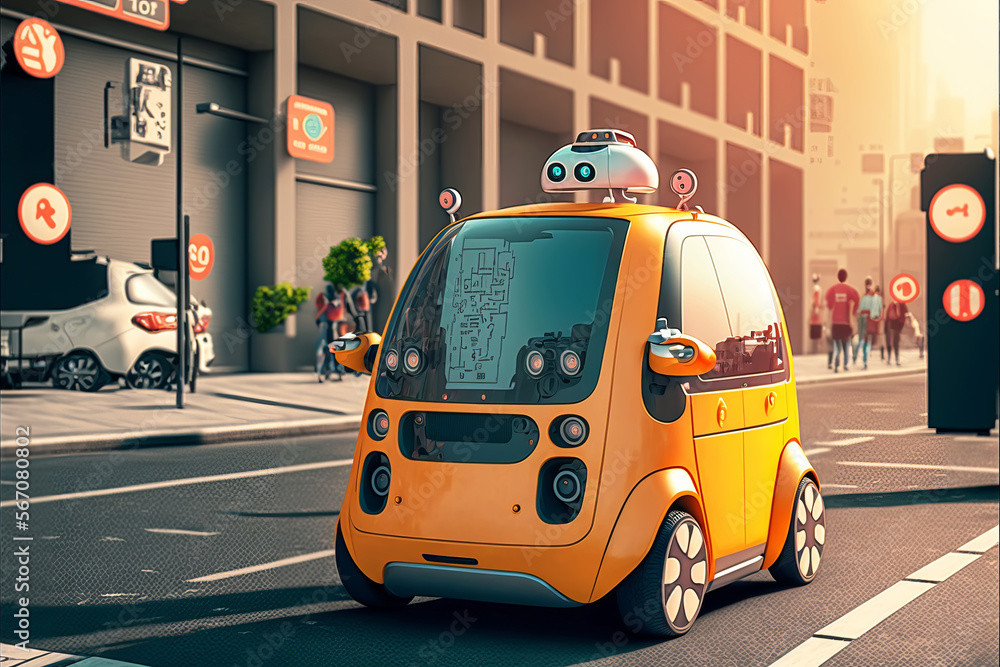 Fototapeta premium Small yellow robot taxi rides along big city street. Artificial intelligence controls the car. Generative AI illustration