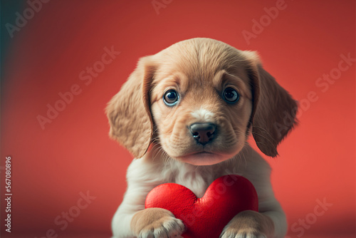 Cute puppy holding a red heart. Generative Ai