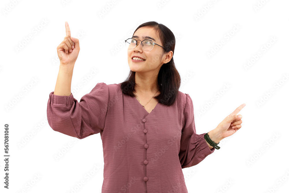 Happy Young asian woman standing while pointing both sides. Isolated on white background Happy Young asian woman standing while pointing both sides. Isolated on white background