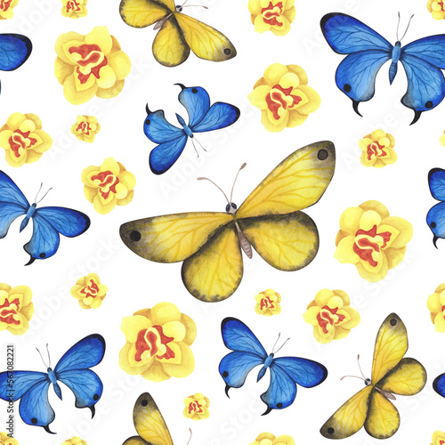 seamless pattern Blue and yellow butterfly with daffodils isolated on white. Watercolor illustration for design fabrics © AnikaKorr