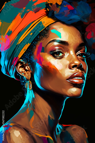 Abstract painting concept. Colorful art fashion portrait of a black woman. African culture. Generative AI.