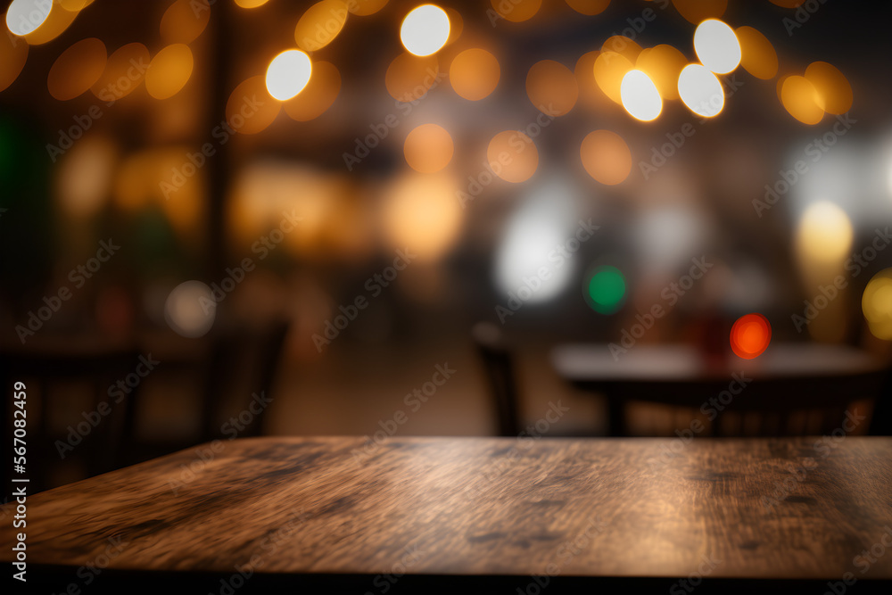Empty wood table top and blur of glittering shine bulbs night light Christmas New Year Celebration. background/selective focus. For montage, product display holiday festival backdrop Empty wood table top and blur of glittering shine bulbs night light Christmas New Year Celebration. background/selective focus. For montage, product display holiday festival backdrop