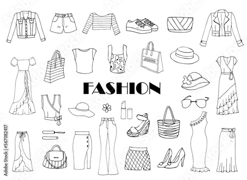 Vector hand-drawn fashionable women's clothes and accessories doodle on white background. Summer dresses,vacation wear. Retro Isolated sketches. Scrapbooking clipart, design template.